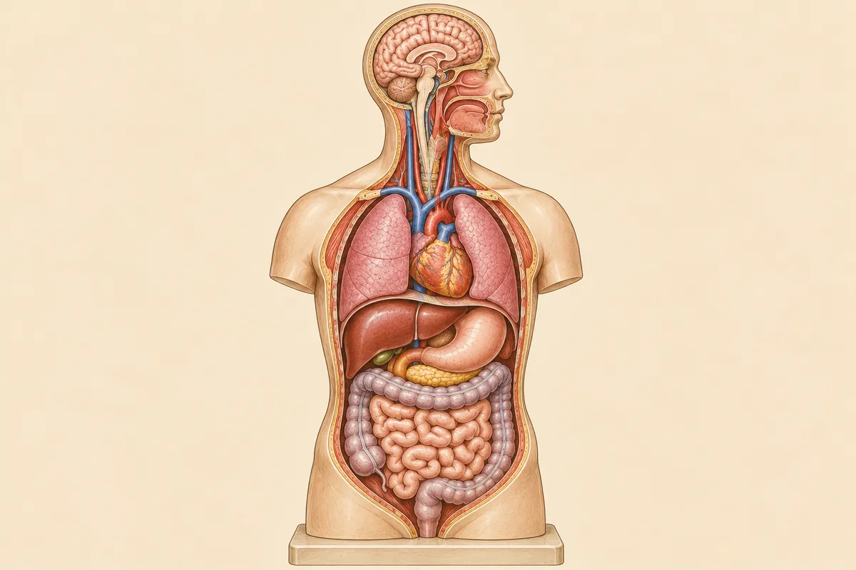 Illustration of an open model of the human torso, showing the brain, heart, lungs, liver, stomach and intestines